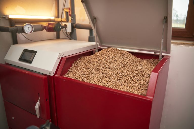 Solid-fuel,Boiler,With,Pellet-fuel,In,Boiler,Room.,Wood,Pellet,Heating