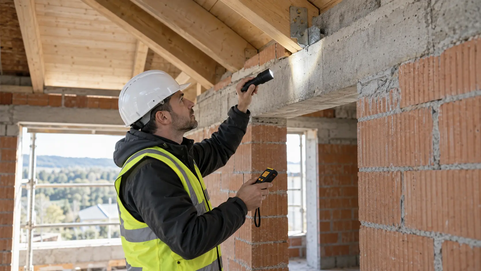 Specialist care verifică structura și acoperișul unei case aflate în construcție